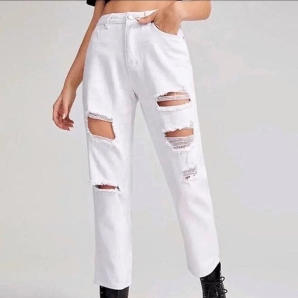 SHEIN White Distressed High Waisted Straight Leg Jeans Size 30 Cut Out Ripped
